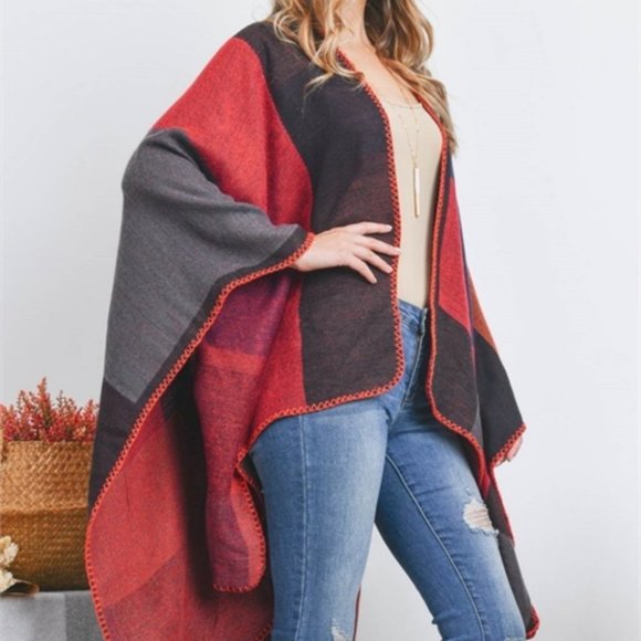 OPEN FRONT GEOMETRIC RECTANGLE PRINT WRAP KIMONO SHAWL - Picture 4 of 5